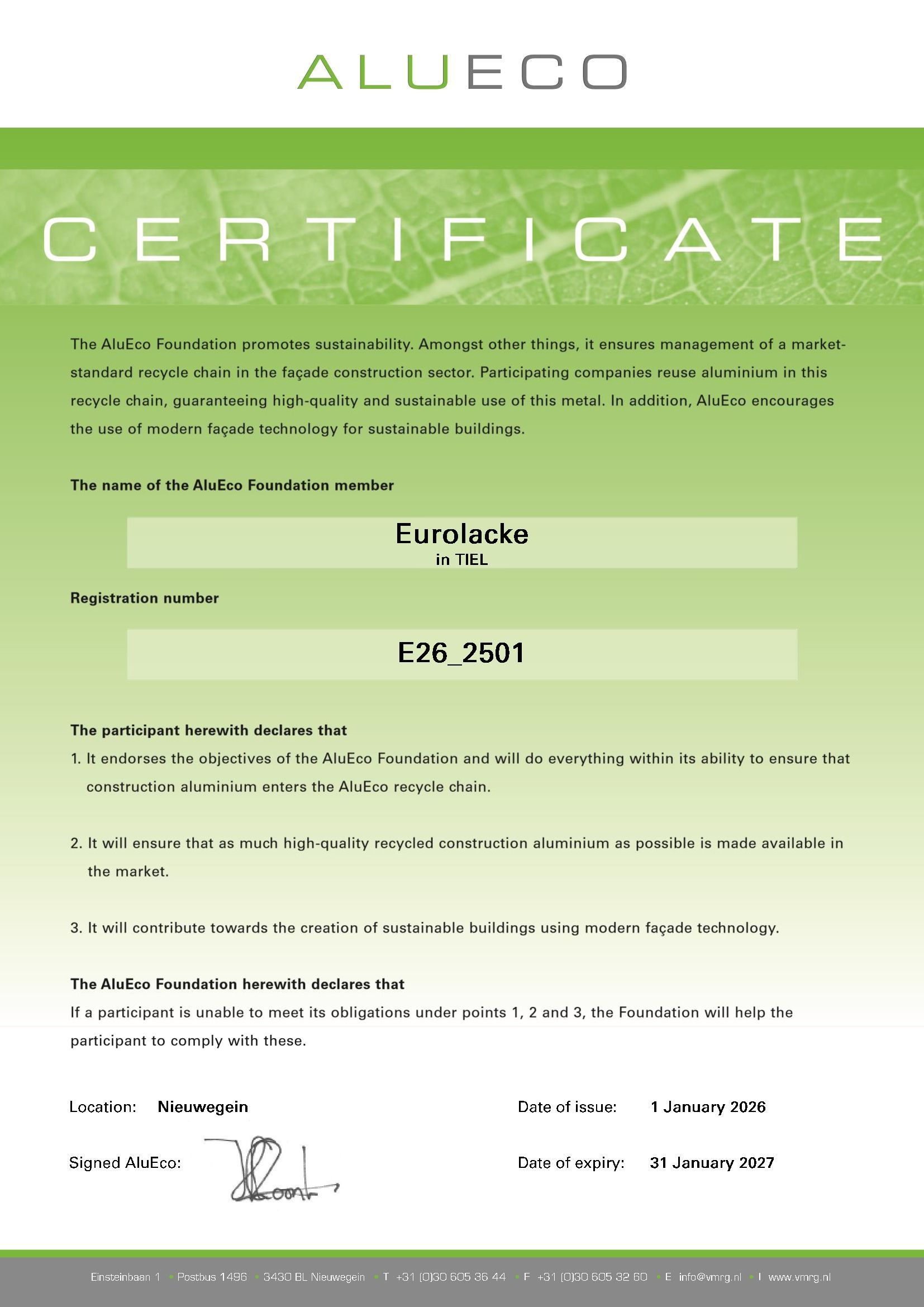Nieuw VMRG en AluEco certificaat